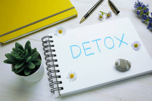 detox word written in spiral notebook on white wooden desk