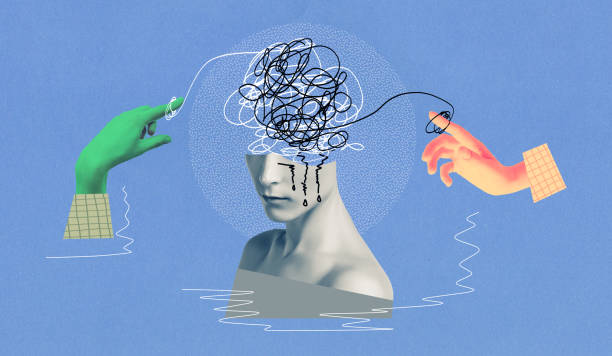 Contemporary art collage, design. Abstract doctor hands near human head, working with mental issues. Psychiatrist. Concept of medical assistance, treatment, mental treatment - fix your brains concepts